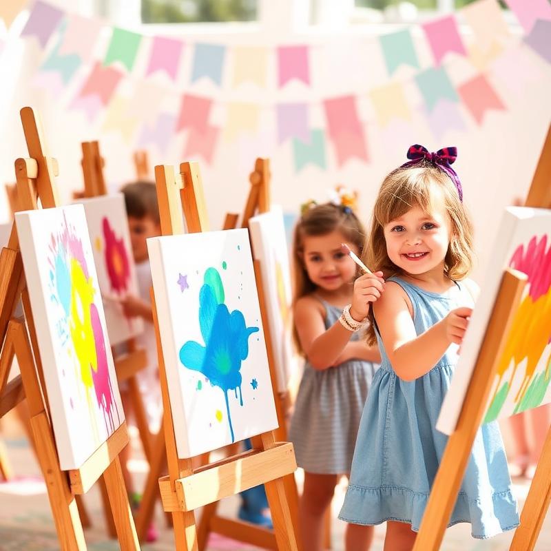 Children painting at easels at a birthday party